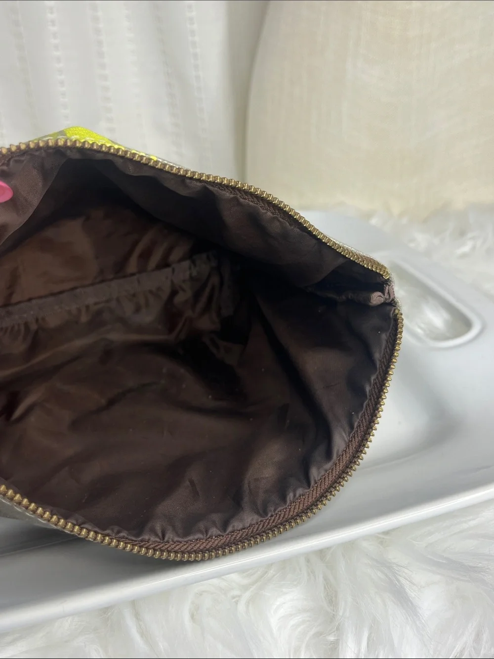 Maika Gray Canvas Pouch with Neon Yellow Center Stripe